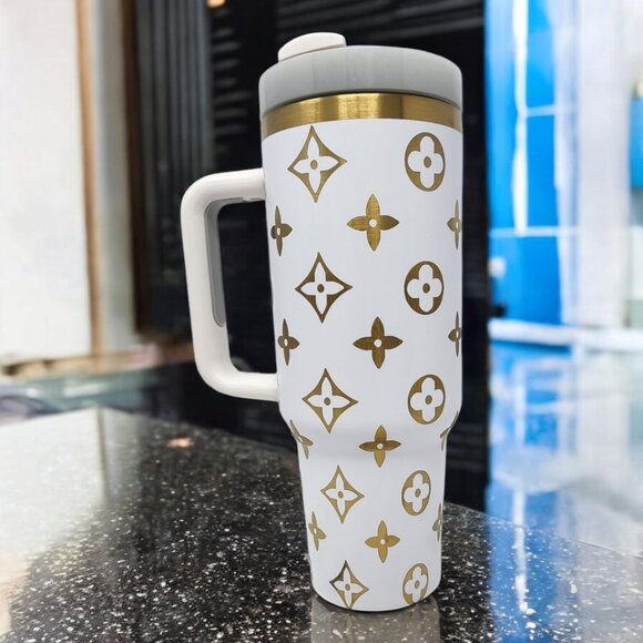 40oz White and Gold Laser Engraved Tumbler - Picture 1 of 6